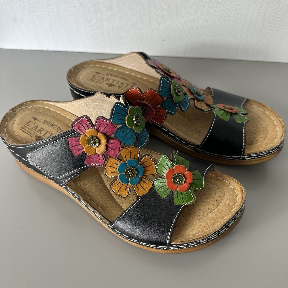 L'Artiste Spring Step Izna Sandals Size 39 Leather Flower Boho Comfort Slide